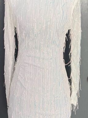 B Darlin White Long-Sleeve Fringe Sequin Bodycon Dress